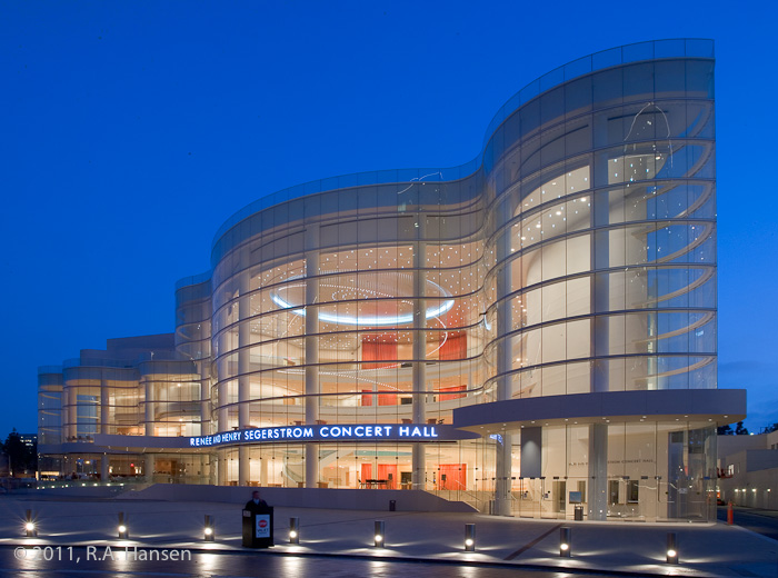 Evening view of the new Ren&eacute;e and Henry Segerstrom Concert Hall fa&ccedil;ade, designed by renowned architect &nbsp;Cesar...