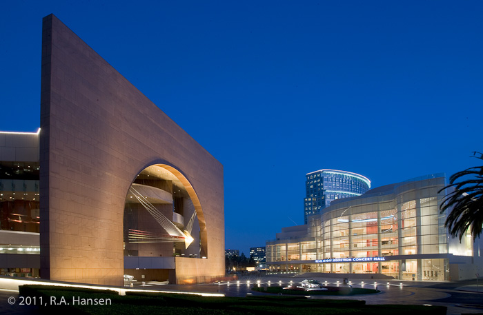 Evening view of Segerstrom Center for the Arts (SCFTA), formerly known as the Orange County Performing Arts Center (OCPAC), At...