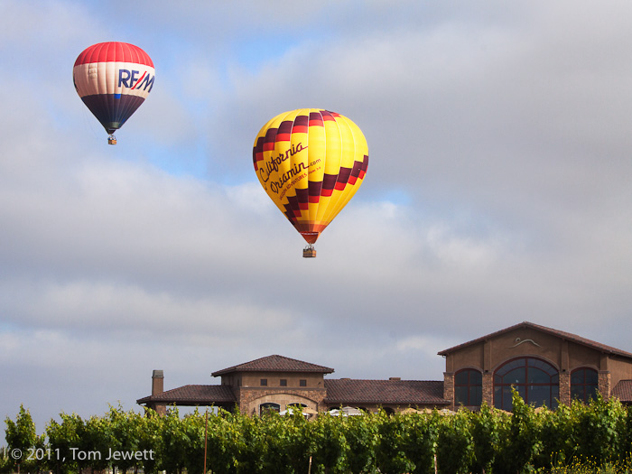 At the annual Temecula festival, two colorful balloons soar effortlessly over the vineyards and headquarters of a local winery...