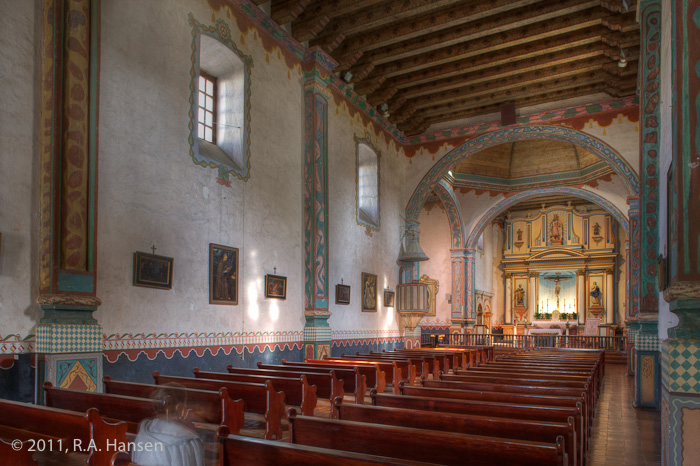 Church interior, view #1. This is the only surving mission church that is constructed in a cruciform plan (the shape of a cross...