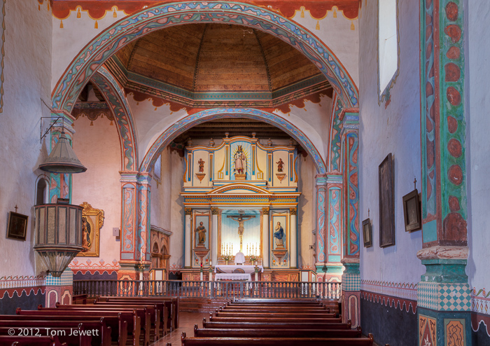 Church interior, view #2. This is the only surving mission church that is constructed in a cruciform plan (the shape of a cross...