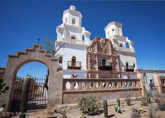Mission facade. The left tower has been fully restored while the right one remains unfinished. Roughly contemporary with the...